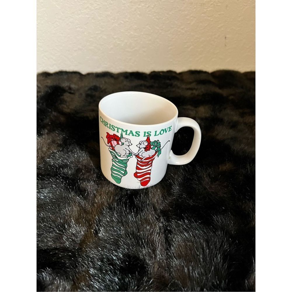 Vintage CHRISTMAS IS LOVE Russ Berrie Coffee Mug 2 mice stockings presents Korea